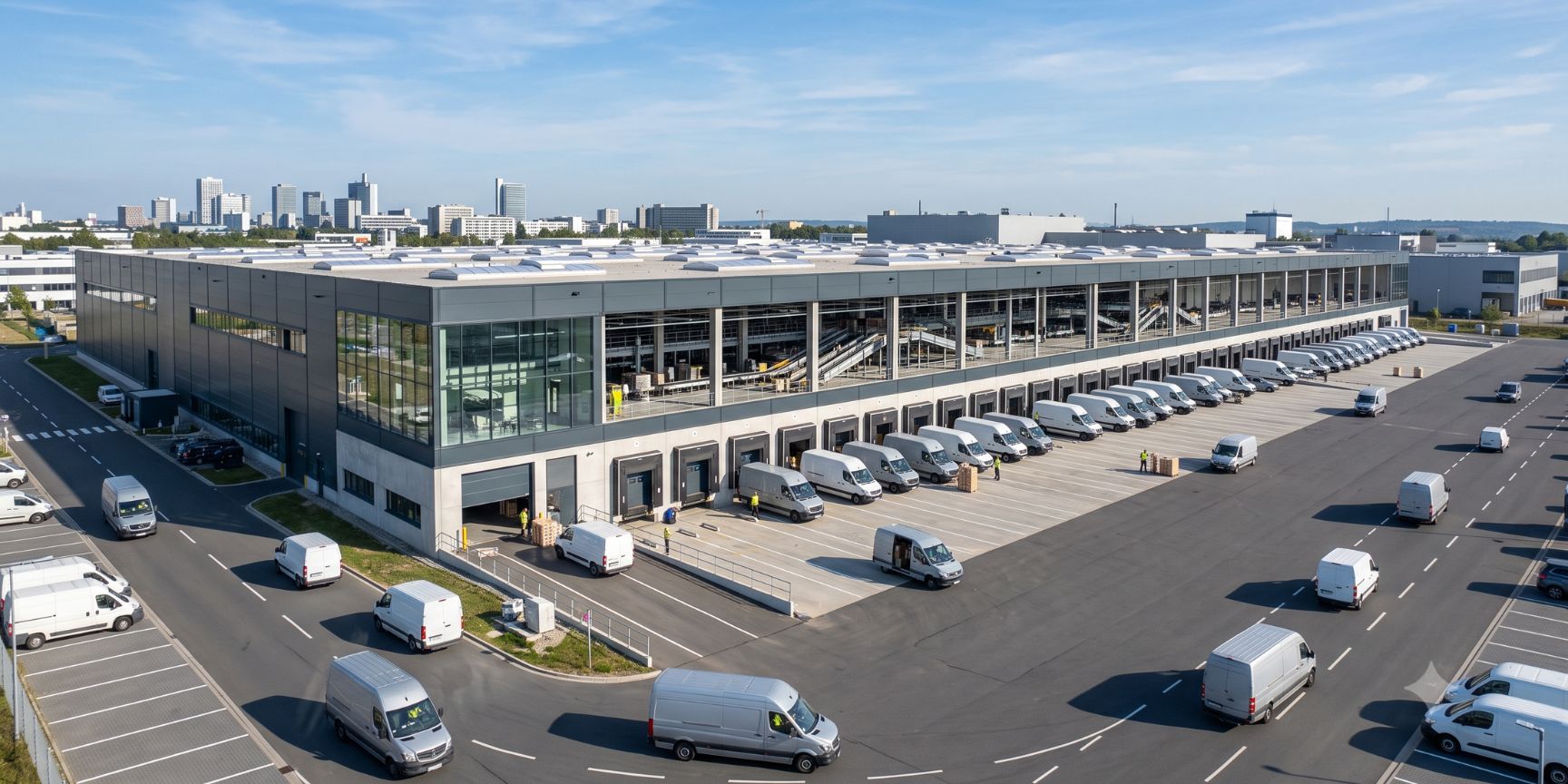 Moderne Logistikimmobilie für Kontraktlogistik mit zahlreichen Verladetoren und Lieferfahrzeugen für effiziente Same-Day-Delivery.